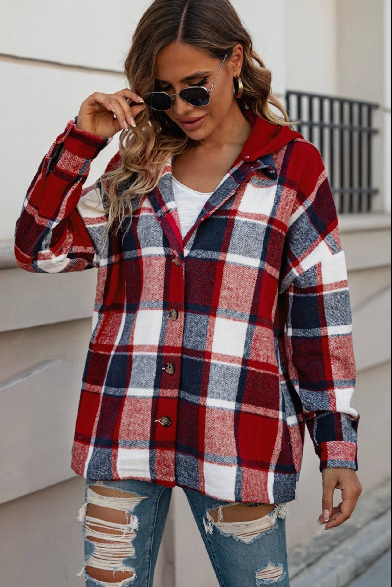 Patriot Plaid - Flannel Shacket with Removable Hood