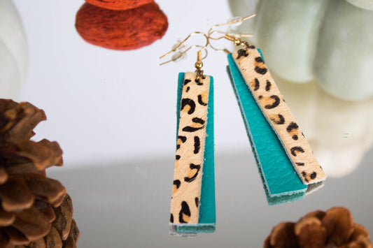Turquoise and Faux Cowhide Leopard Print Earrings